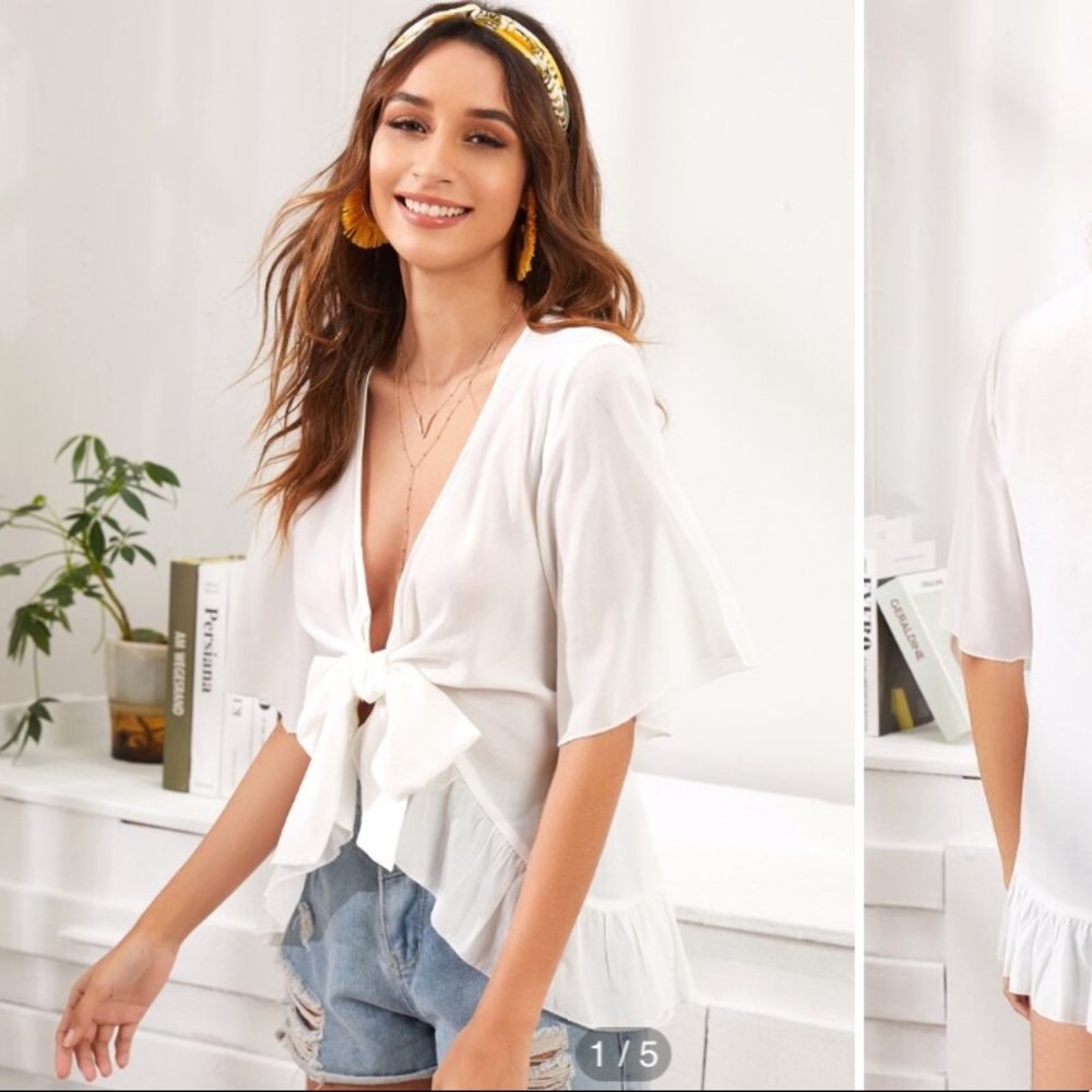 SHEIN Tie Front Ruffle Hem Top